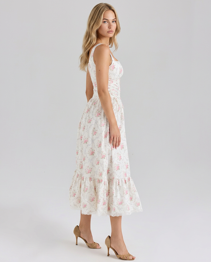 Rosalie | Lace-Up Midi Dress with Printed Skirt