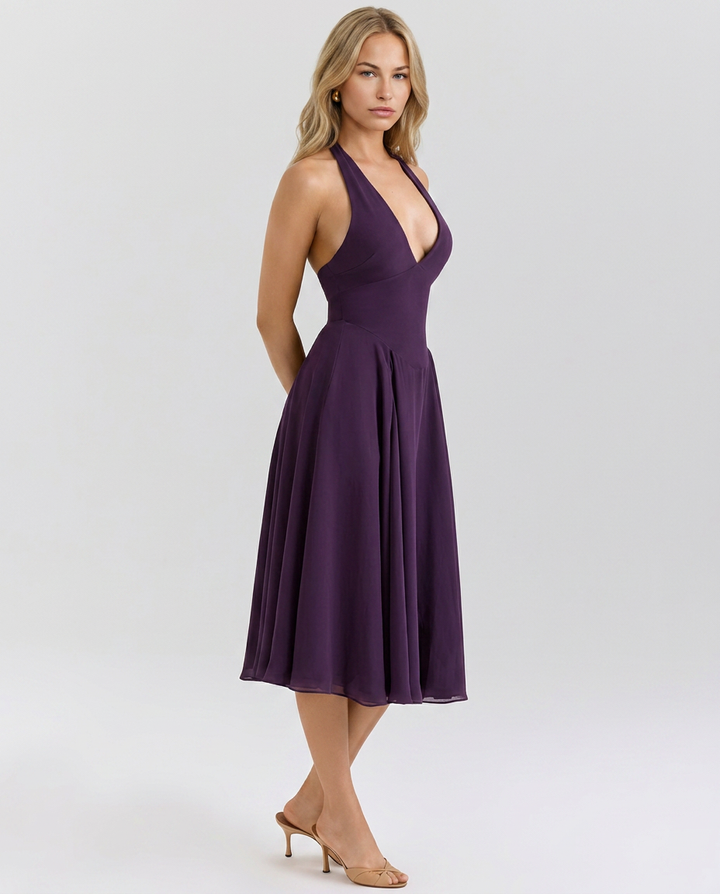 Glenda | Halter Midi Dress with Flared Skirt