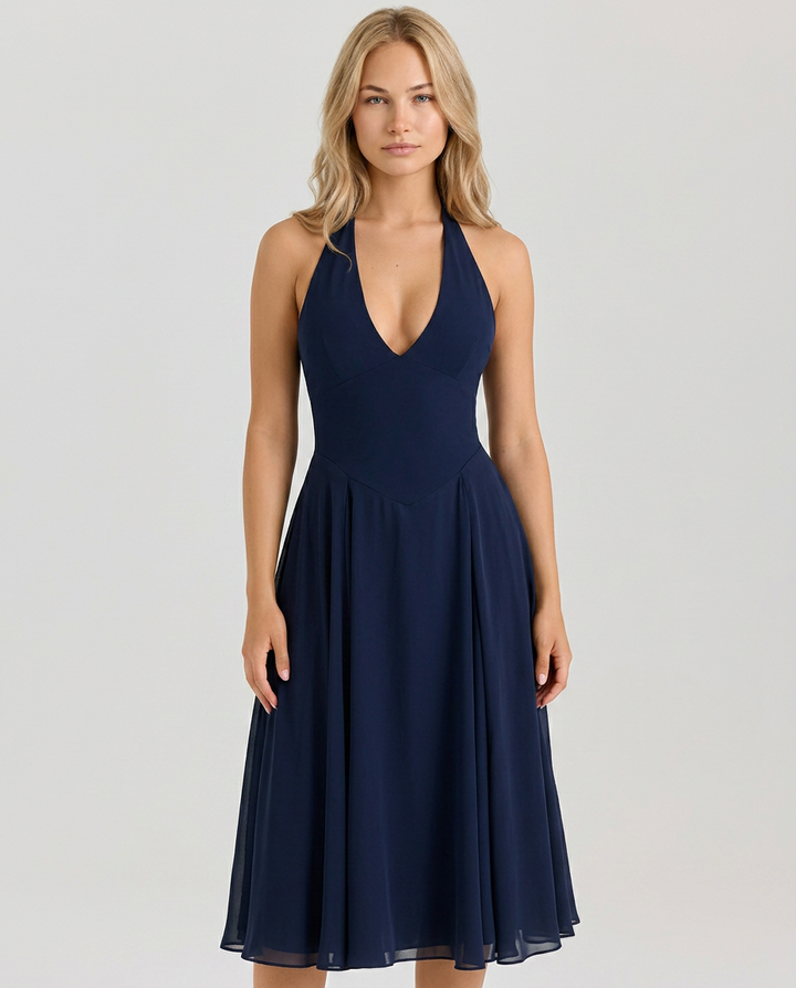 Glenda | Halter Midi Dress with Flared Skirt