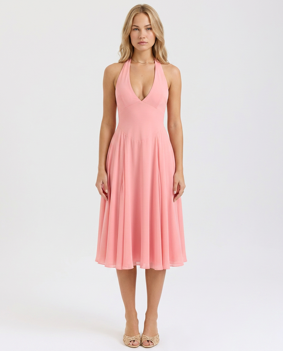 Glenda | Halter Midi Dress with Flared Skirt