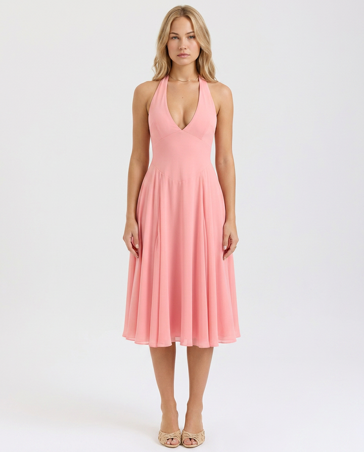 Glenda | Halter Midi Dress with Flared Skirt