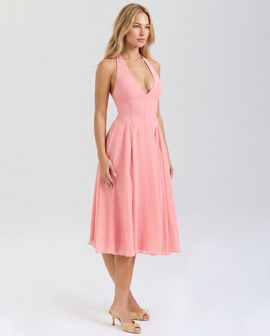 Glenda | Halter Midi Dress with Flared Skirt