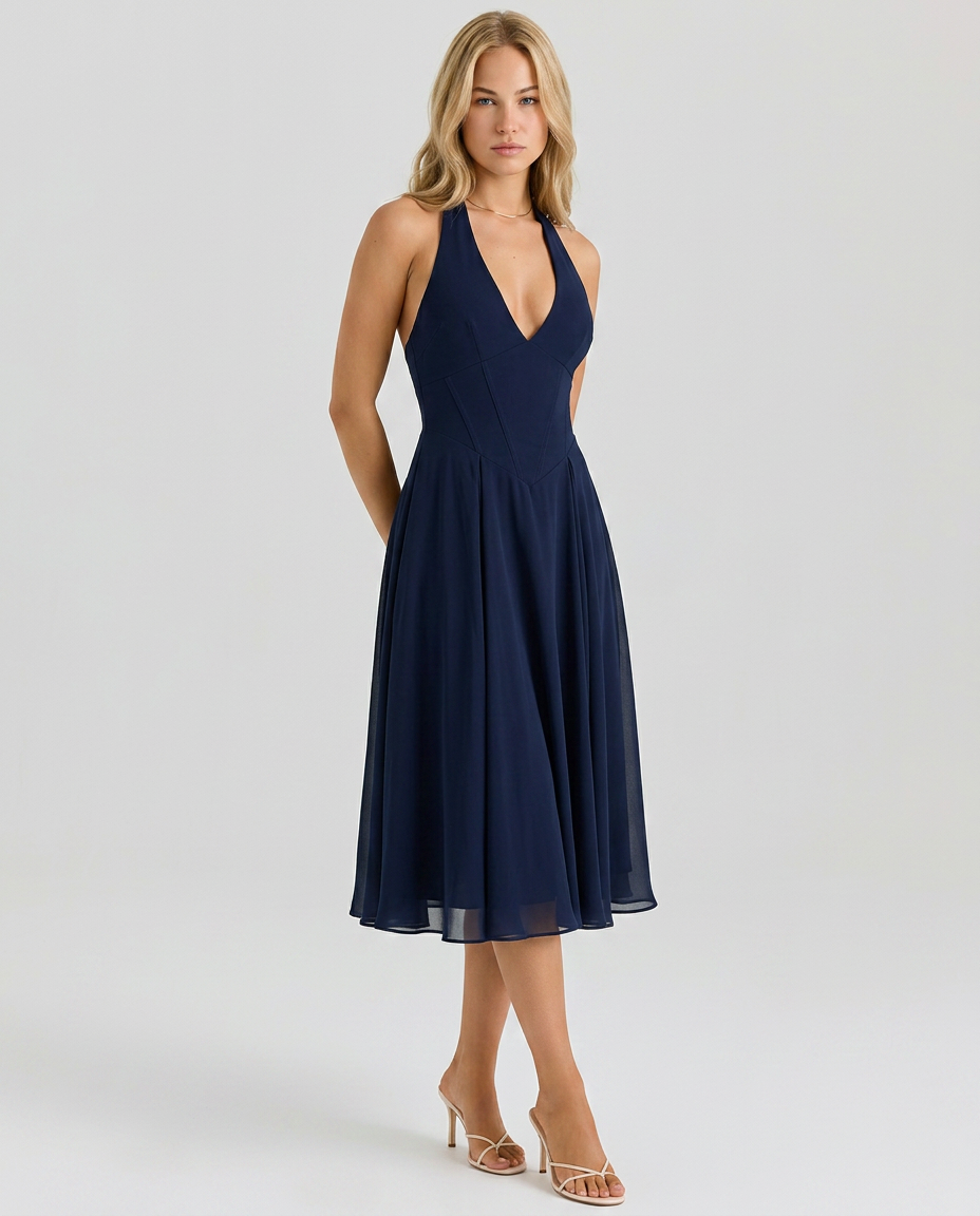 Glenda | Halter Midi Dress with Flared Skirt
