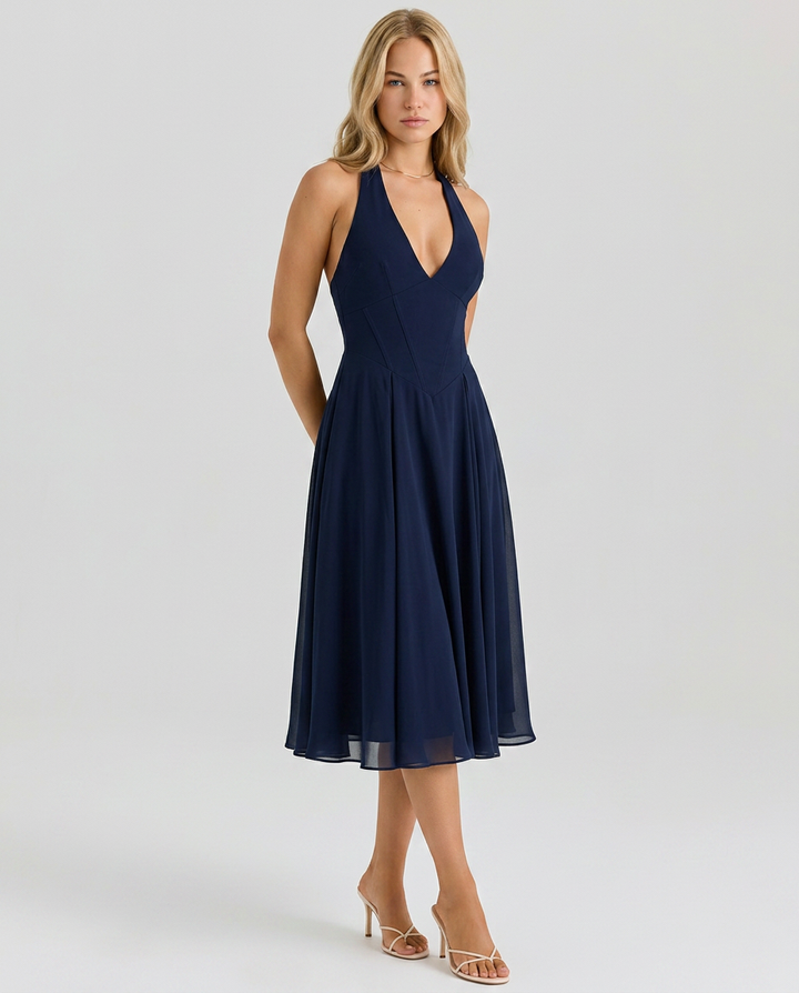 Glenda | Halter Midi Dress with Flared Skirt