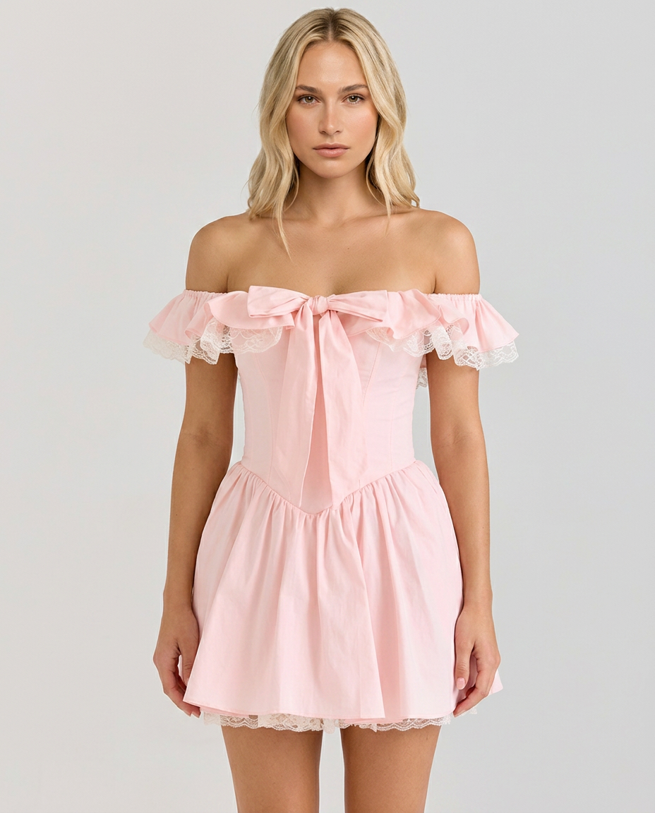 Jaclyn | Off Shoulder Corset Mini Dress with Lace Trim