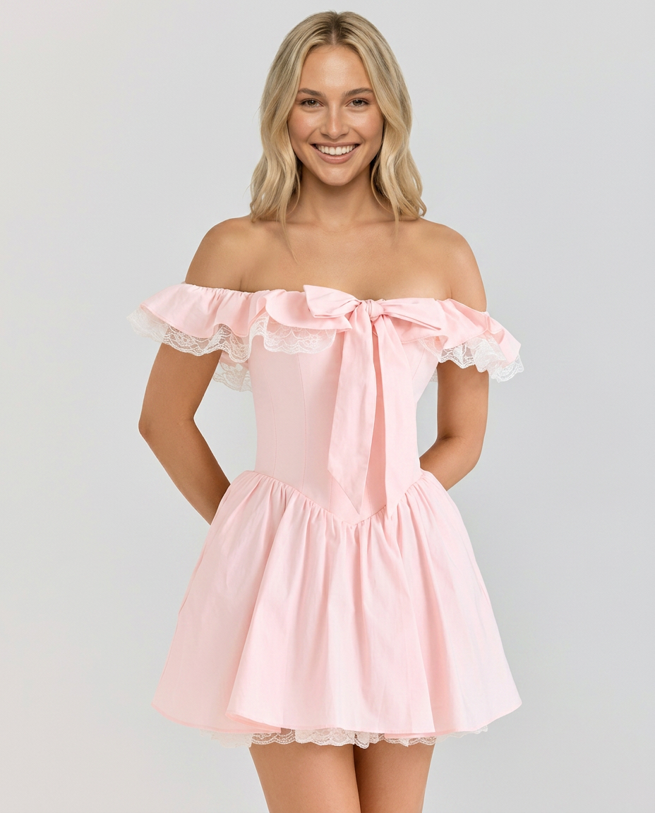 Jaclyn | Off Shoulder Corset Mini Dress with Lace Trim