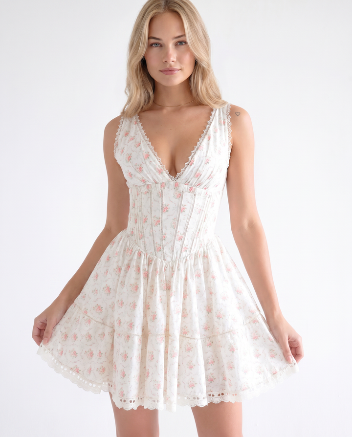 Phoebe | Mini Dress with Floral Print and Lace Trim
