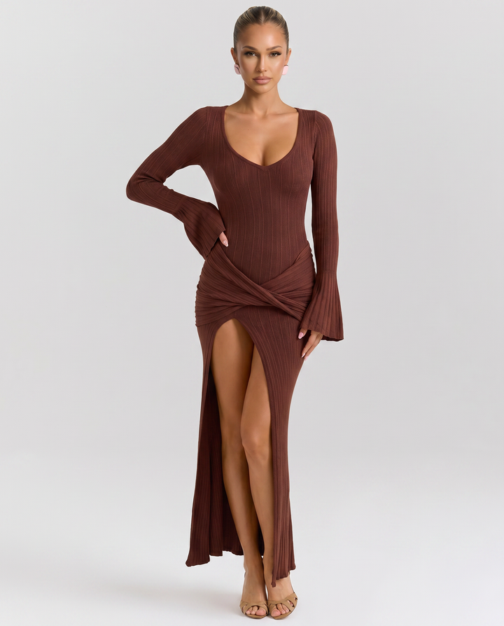 Joan | Long Sleeve Maxi Dress with Draped Twist at Waist