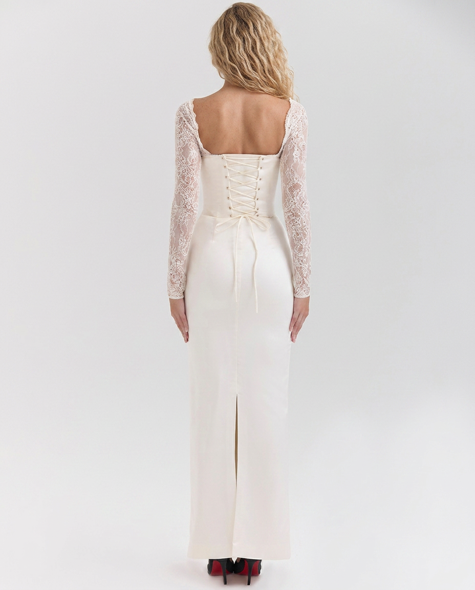 Trudy | Satin-Look Lace-Up Corset Maxi Dress with Lace Sleeves
