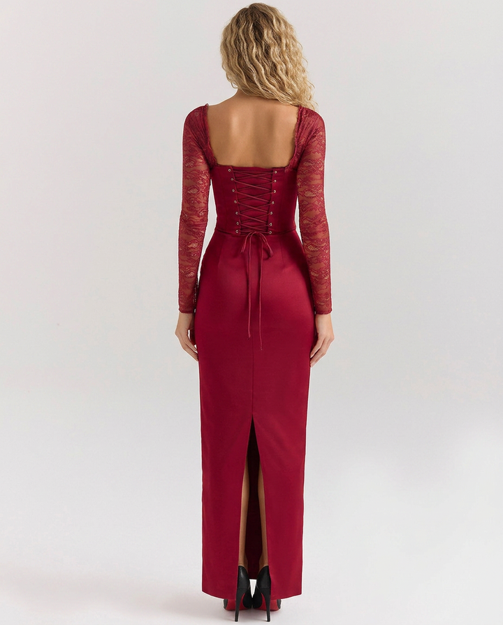 Trudy | Satin-Look Lace-Up Corset Maxi Dress with Lace Sleeves