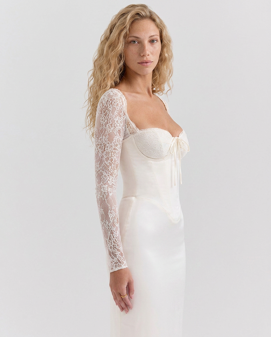 Trudy | Satin-Look Lace-Up Corset Maxi Dress with Lace Sleeves
