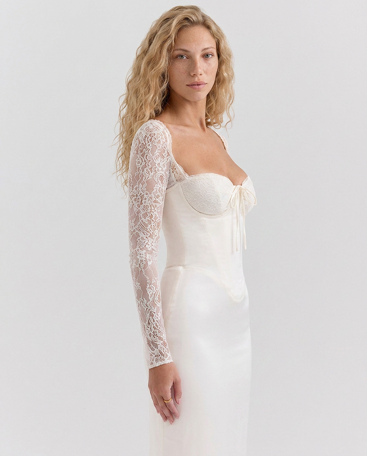 Trudy | Satin-Look Lace-Up Corset Maxi Dress with Lace Sleeves