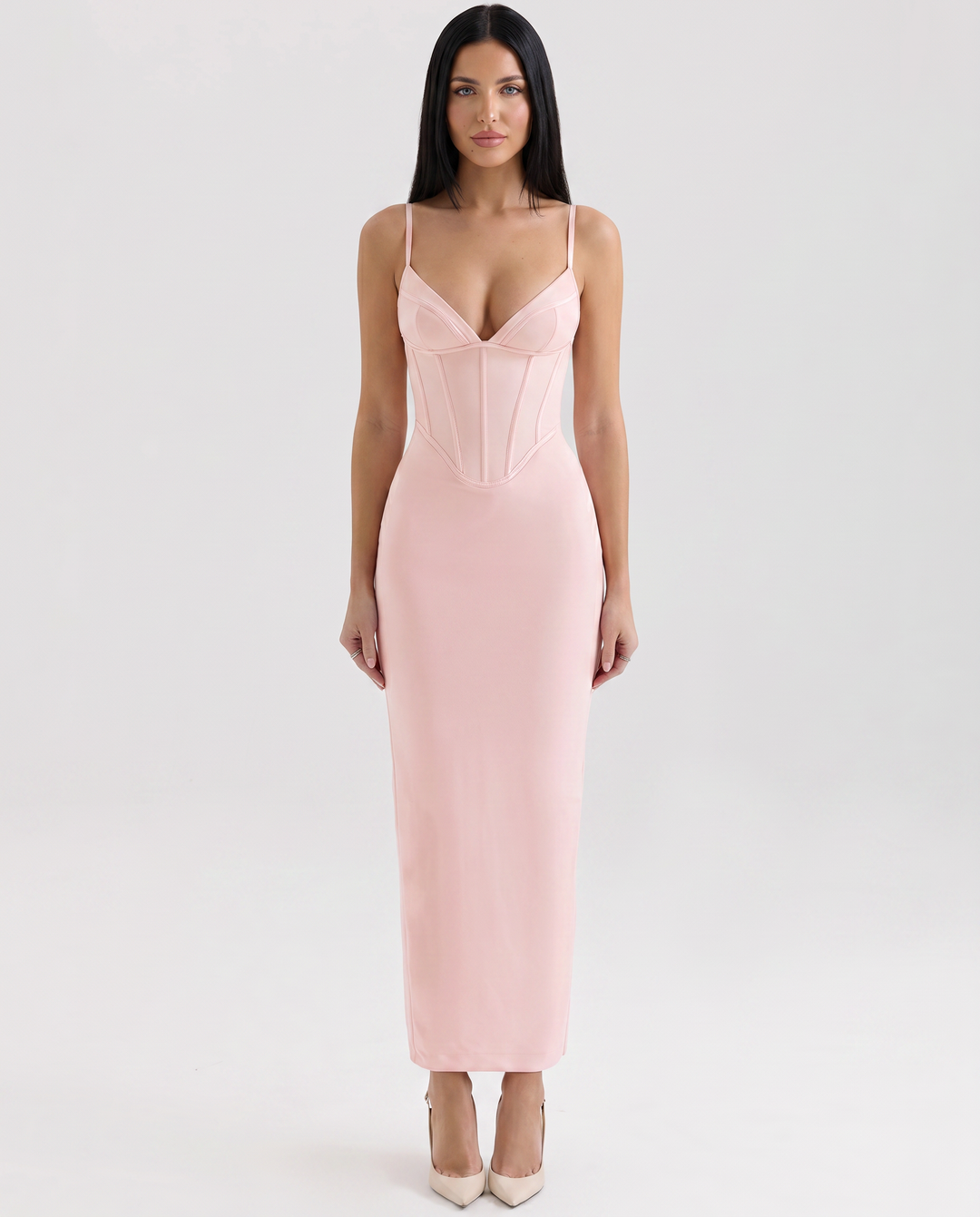 Romola | Mesh Maxi Dress with Corset Bodice and Lace-Up Back
