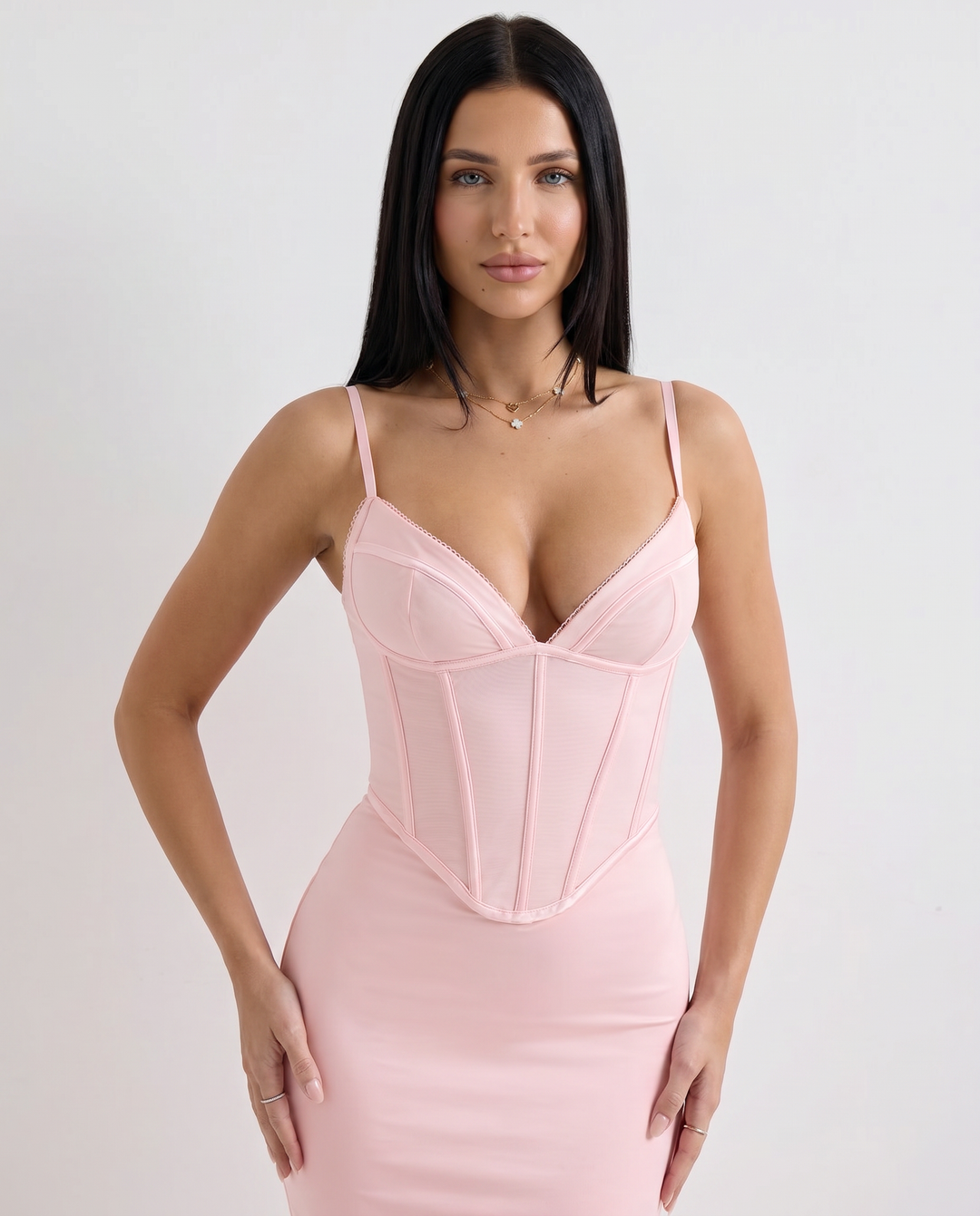 Romola | Mesh Maxi Dress with Corset Bodice and Lace-Up Back