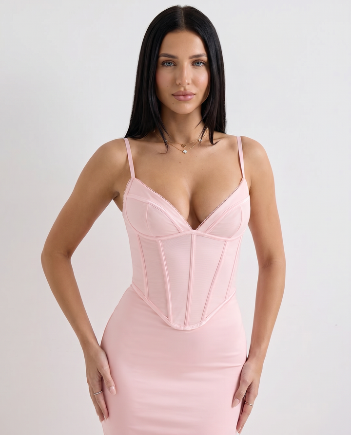 Romola | Mesh Maxi Dress with Corset Bodice and Lace-Up Back
