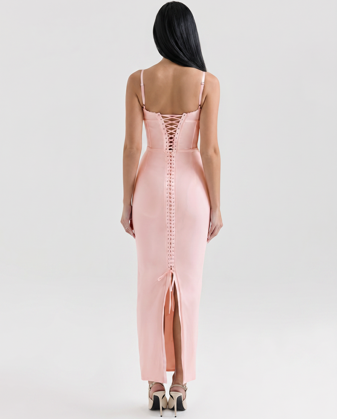 Romola | Mesh Maxi Dress with Corset Bodice and Lace-Up Back
