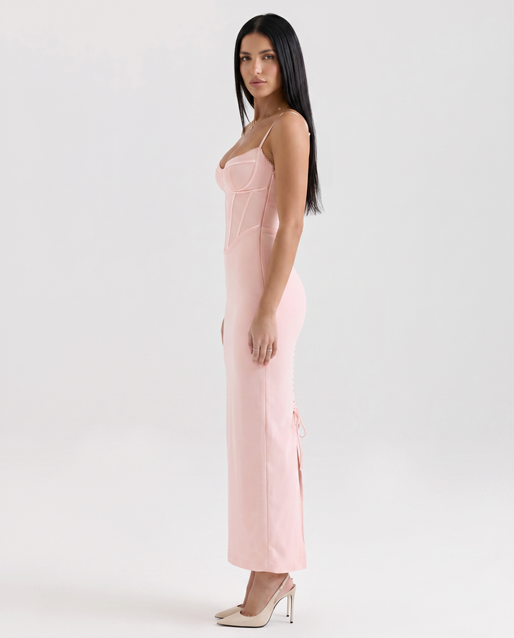 Romola | Mesh Maxi Dress with Corset Bodice and Lace-Up Back