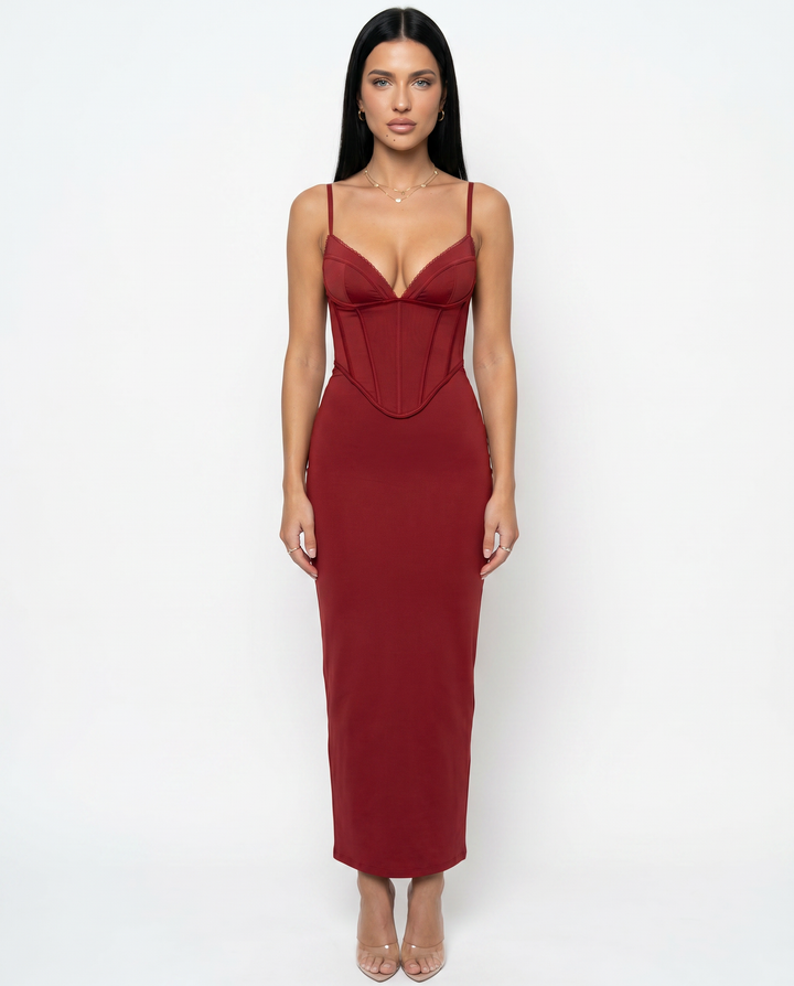 Romola | Mesh Maxi Dress with Corset Bodice and Lace-Up Back