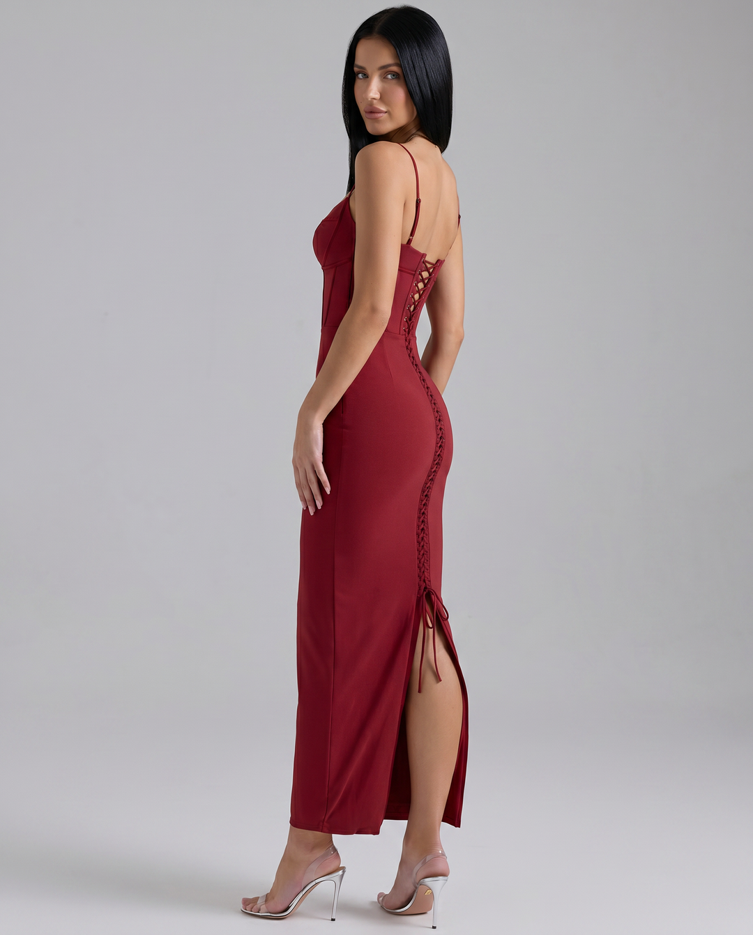 Romola | Mesh Maxi Dress with Corset Bodice and Lace-Up Back