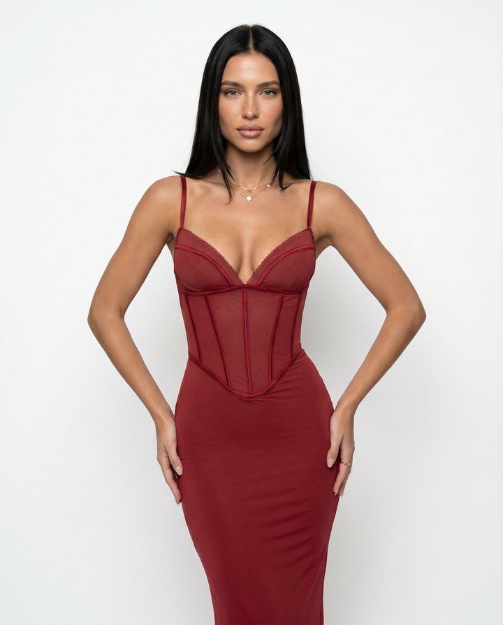 Romola | Mesh Maxi Dress with Corset Bodice and Lace-Up Back