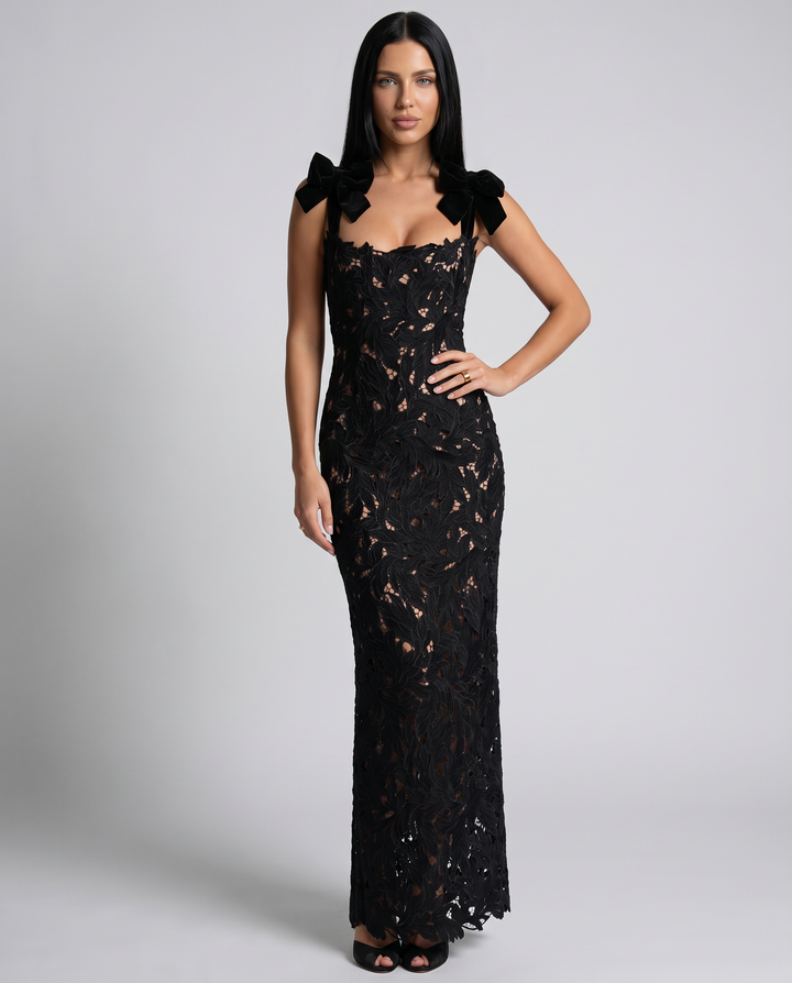 Thalina | Maxi Dress with Lace Overlay and Bow Straps