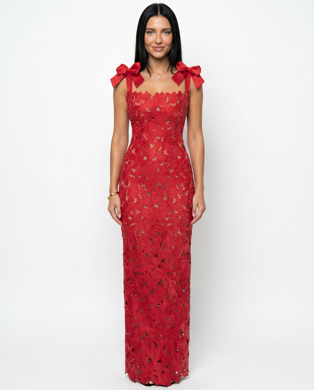 Thalina | Maxi Dress with Lace Overlay and Bow Straps