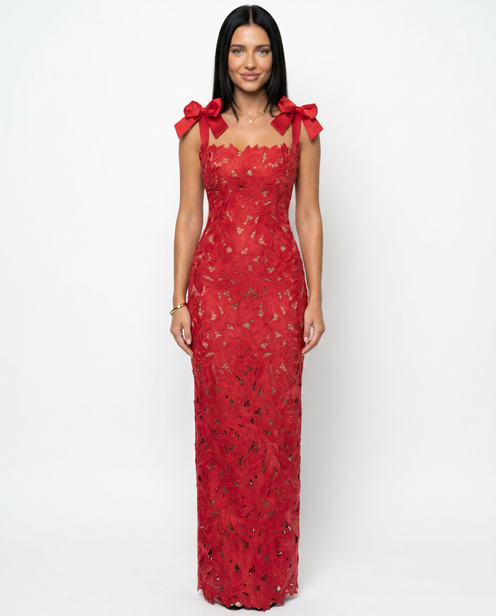 Thalina | Maxi Dress with Lace Overlay and Bow Straps