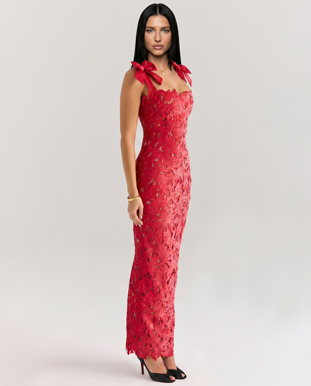 Thalina | Maxi Dress with Lace Overlay and Bow Straps