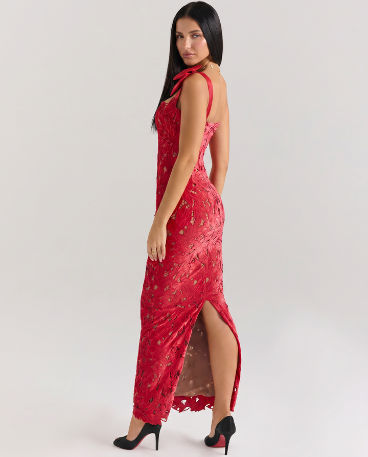 Thalina | Maxi Dress with Lace Overlay and Bow Straps