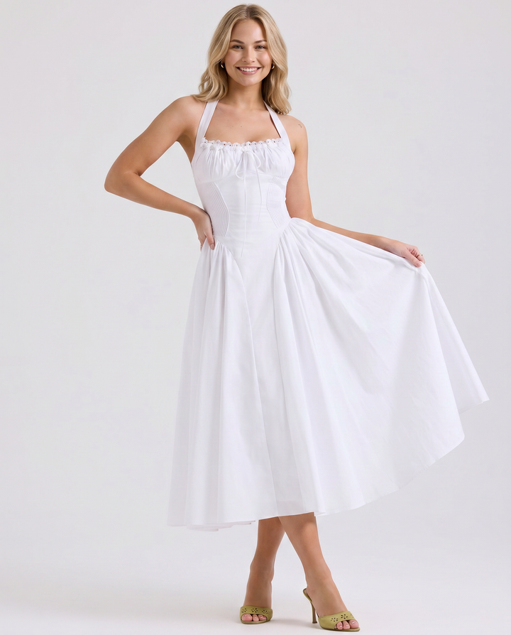 Alba | Midi Dress with Halter Neck and Gathered Bodice