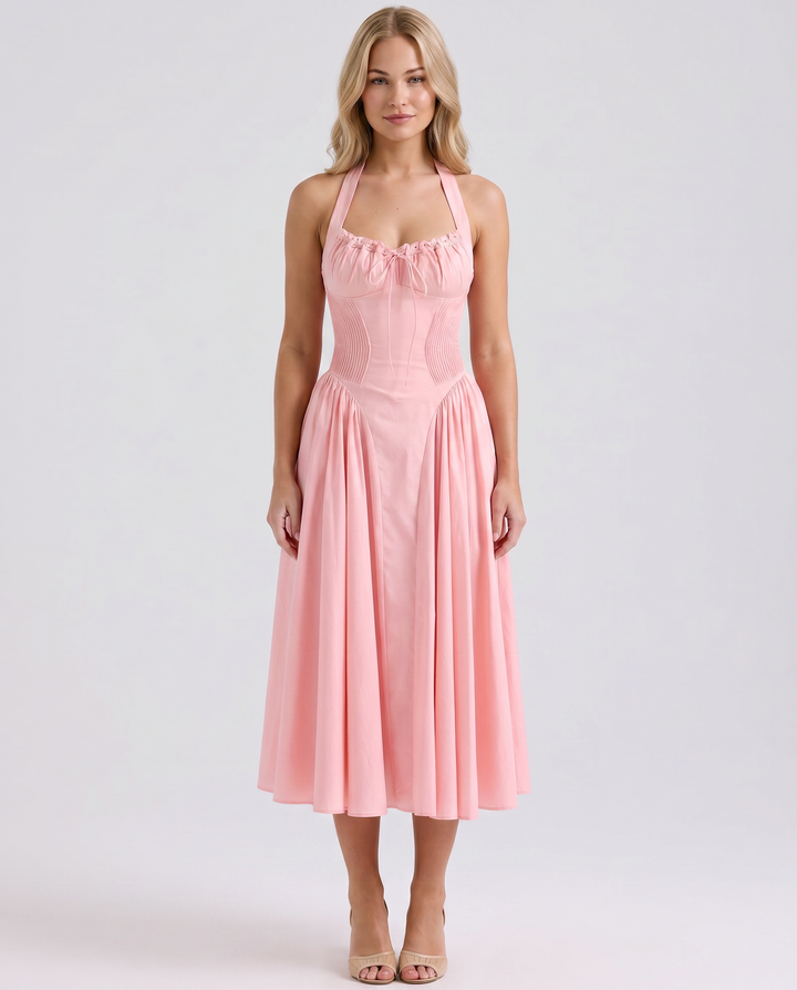 Alba | Midi Dress with Halter Neck and Gathered Bodice