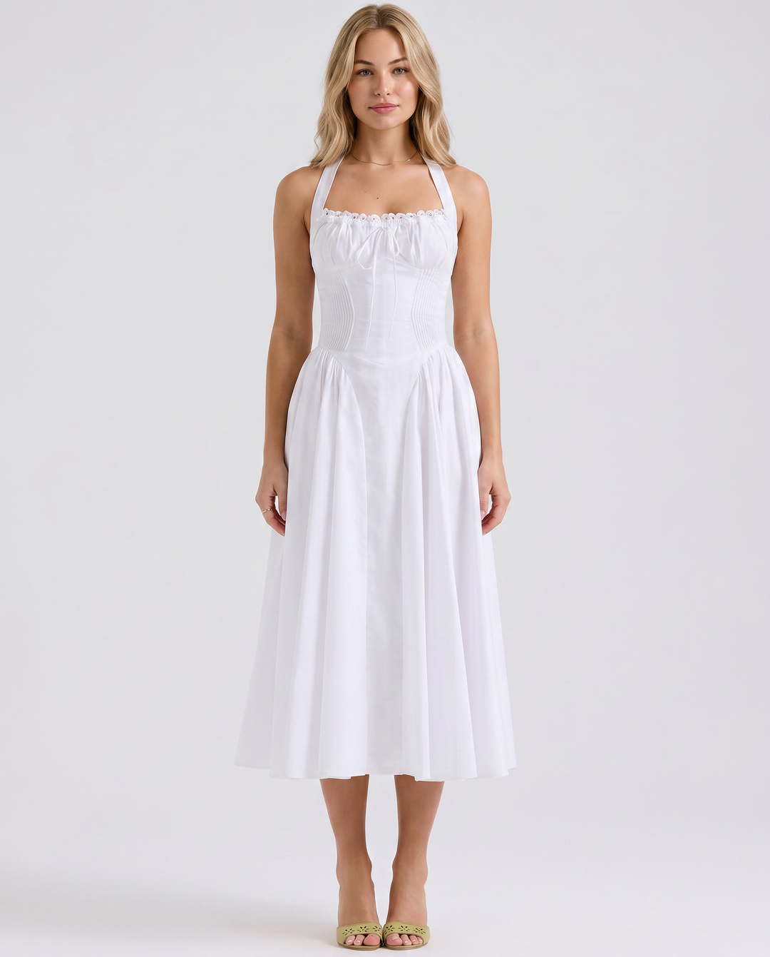 Alba | Midi Dress with Halter Neck and Gathered Bodice