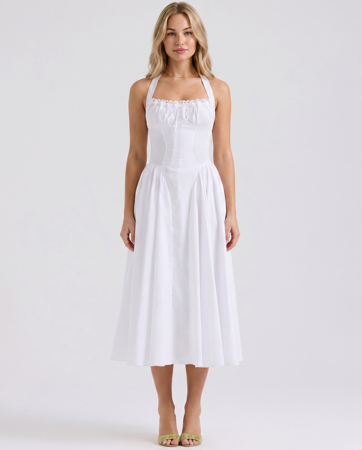 Alba | Midi Dress with Halter Neck and Gathered Bodice