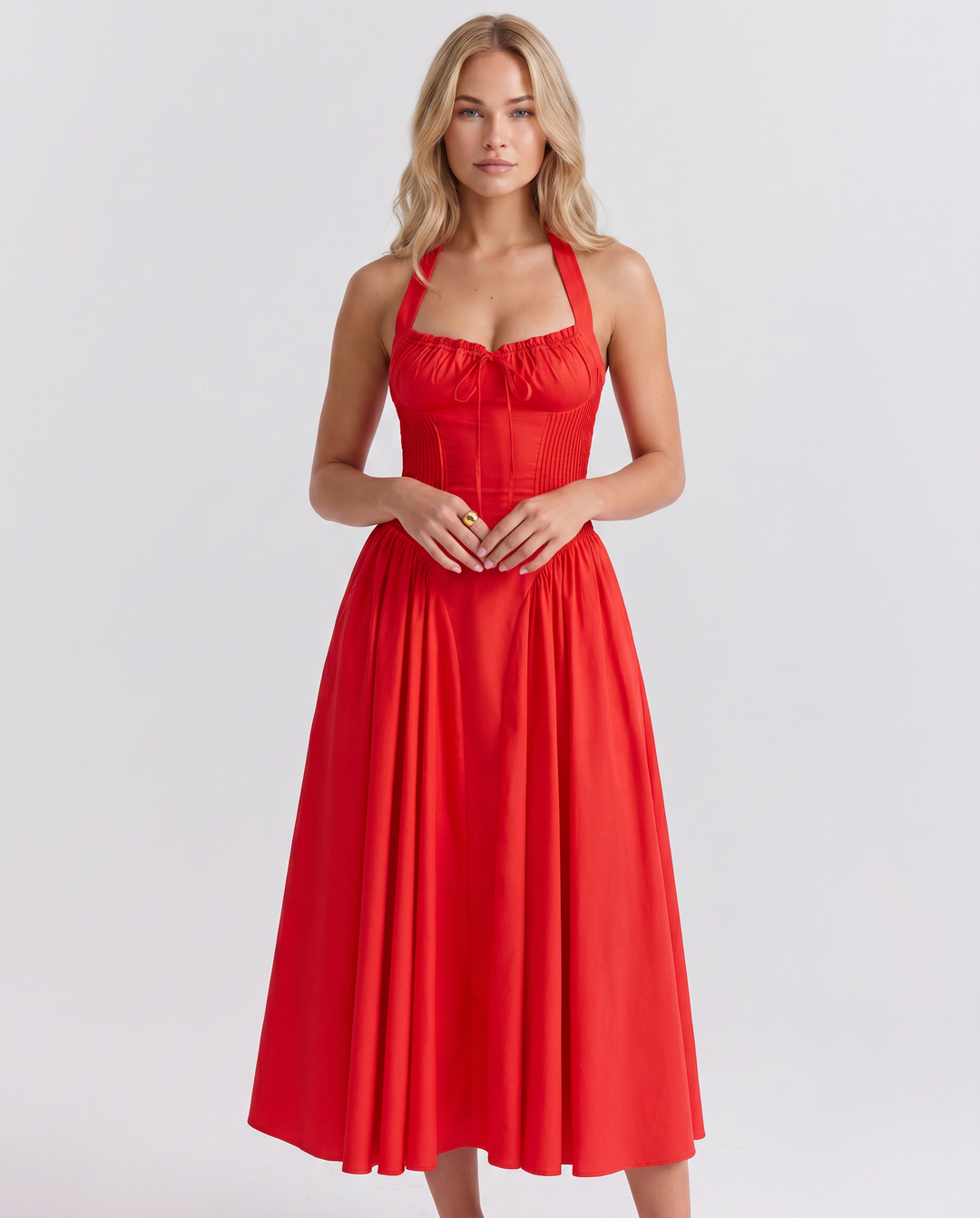 Alba | Midi Dress with Halter Neck and Gathered Bodice