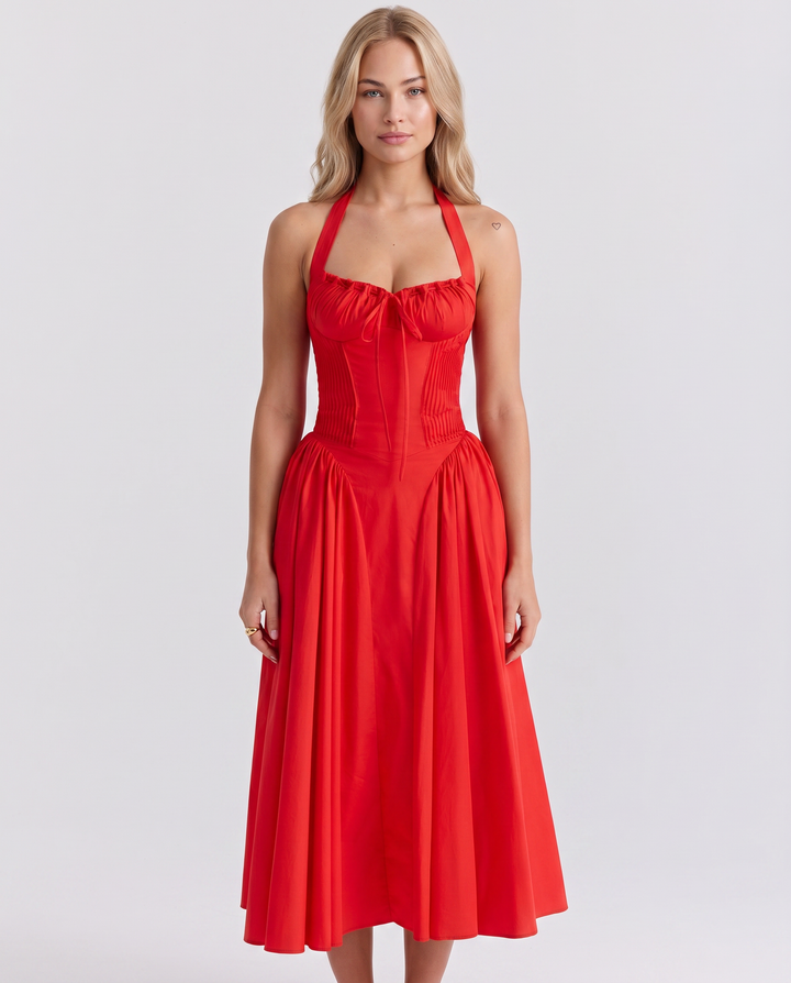 Alba | Midi Dress with Halter Neck and Gathered Bodice