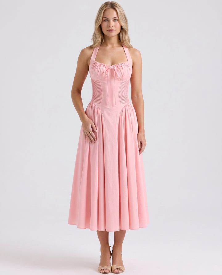 Alba | Midi Dress with Halter Neck and Gathered Bodice