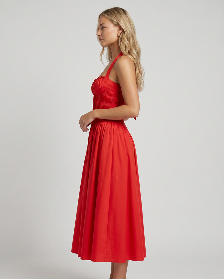 Alba | Midi Dress with Halter Neck and Gathered Bodice