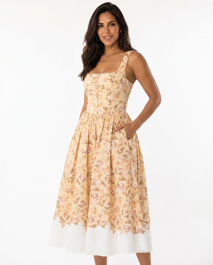 Adalyn | Floral Midi Dress with Gathered Skirt and Tulle Layer