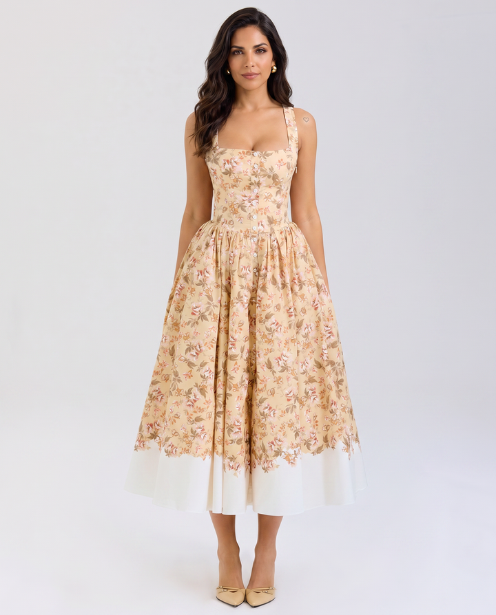 Adalyn | Floral Midi Dress with Gathered Skirt and Tulle Layer