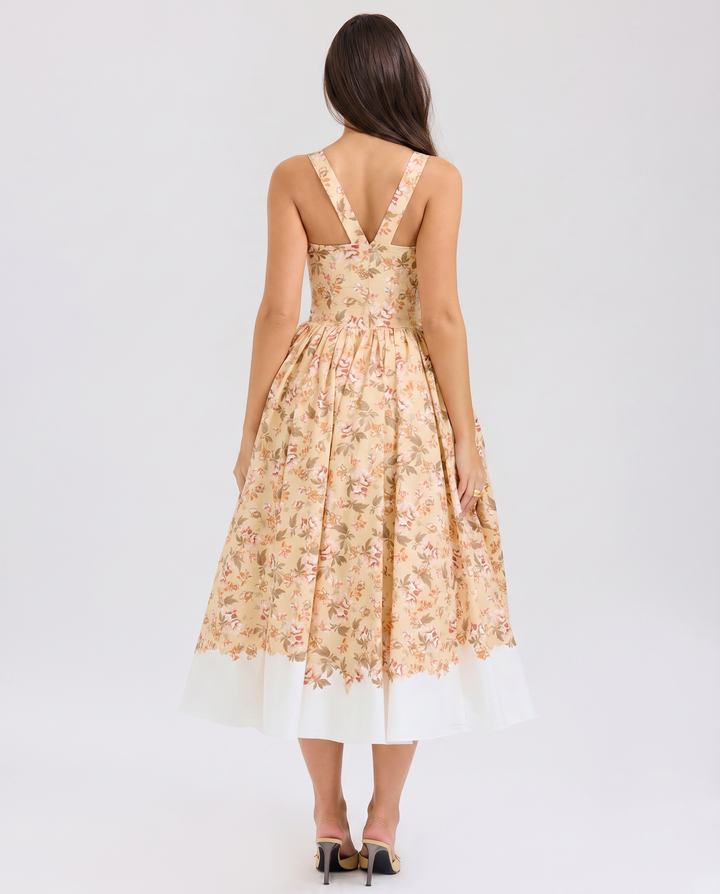 Adalyn | Floral Midi Dress with Gathered Skirt and Tulle Layer