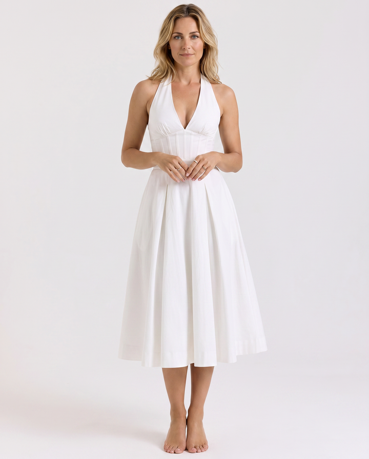 Amaya | Midi Dress with Halter Neck and Pleated Skirt
