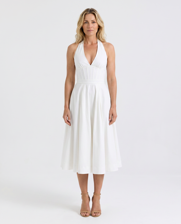 Amaya | Midi Dress with Halter Neck and Pleated Skirt