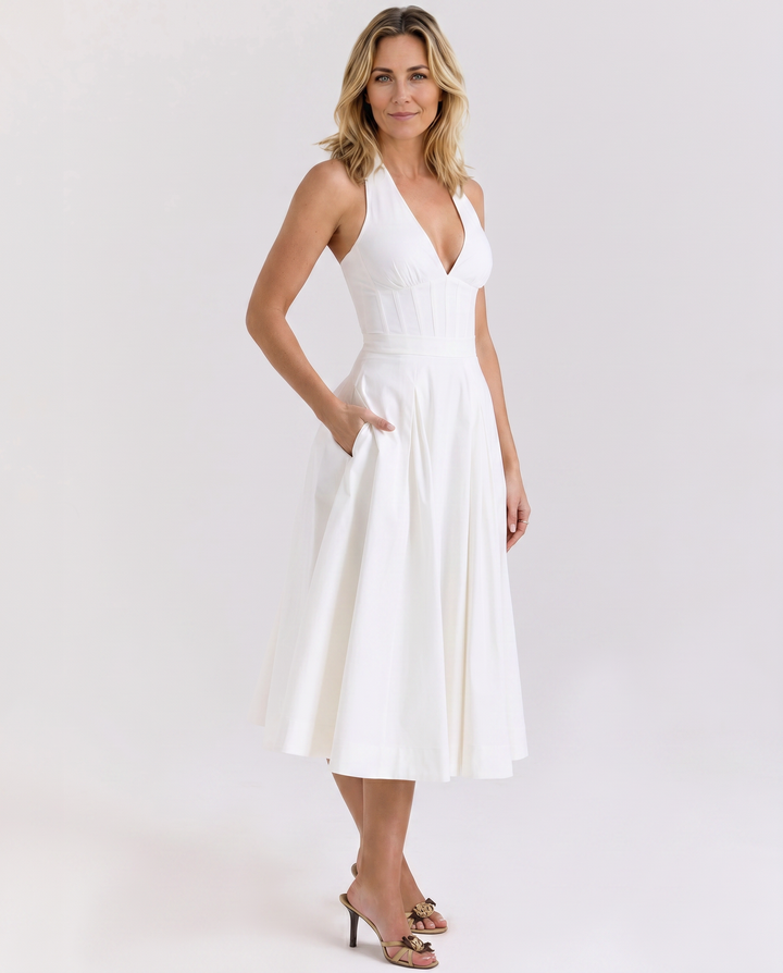 Amaya | Midi Dress with Halter Neck and Pleated Skirt