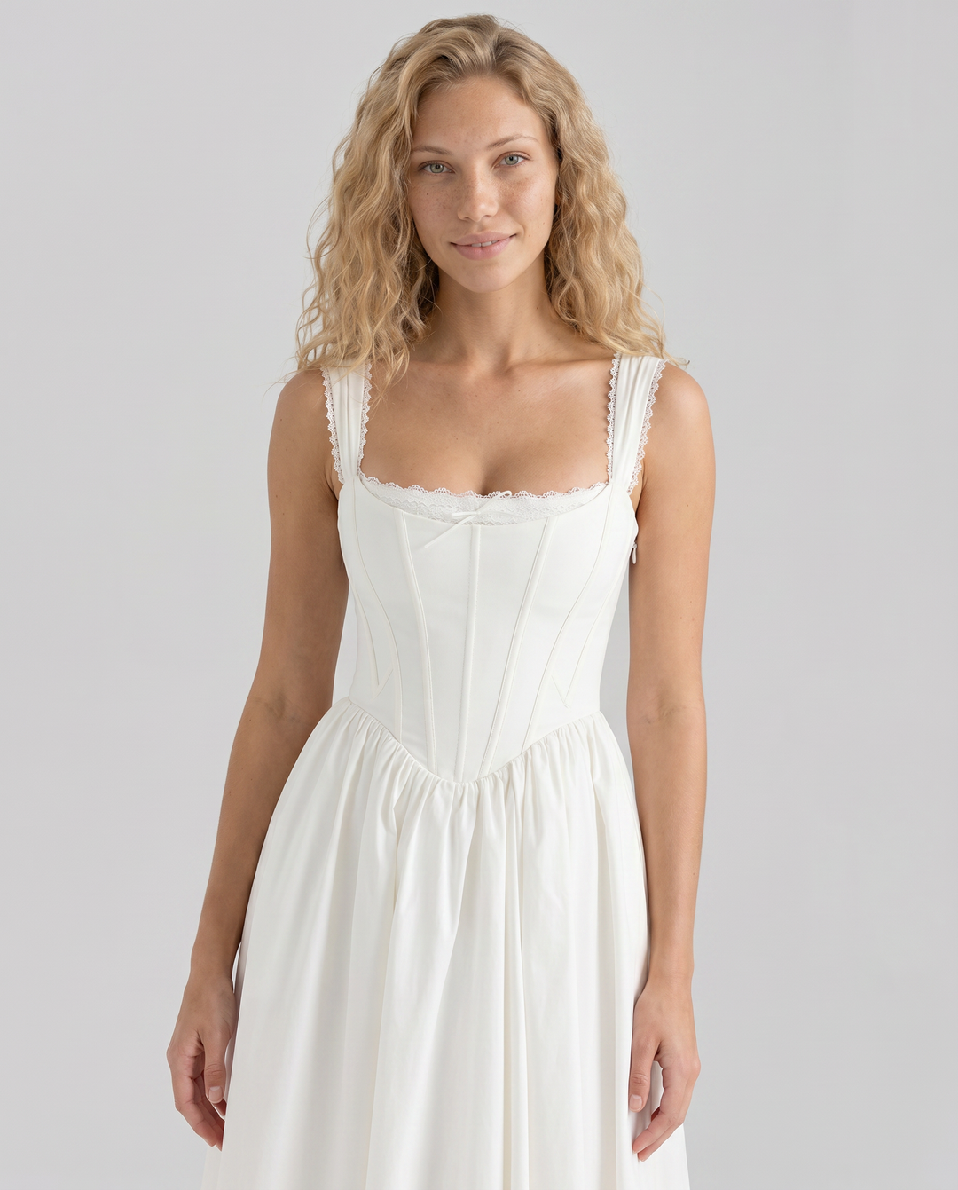 Allena | Midi Dress with Corset Bodice and Lace Trim