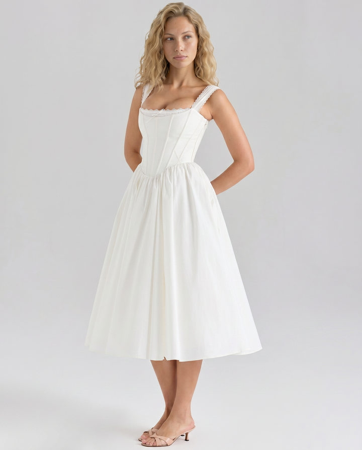 Allena | Midi Dress with Corset Bodice and Lace Trim