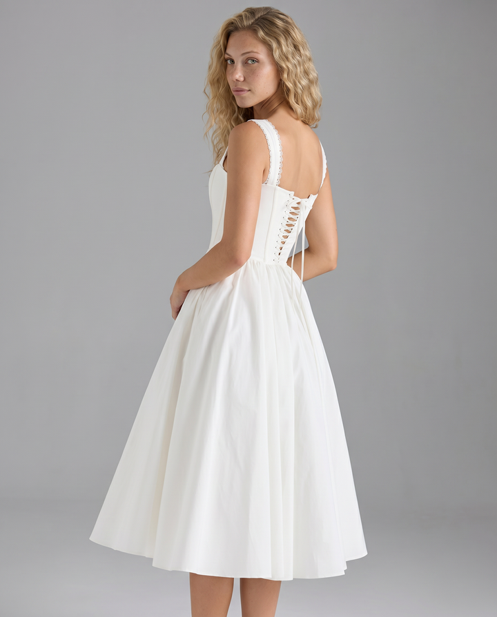 Allena | Midi Dress with Corset Bodice and Lace Trim