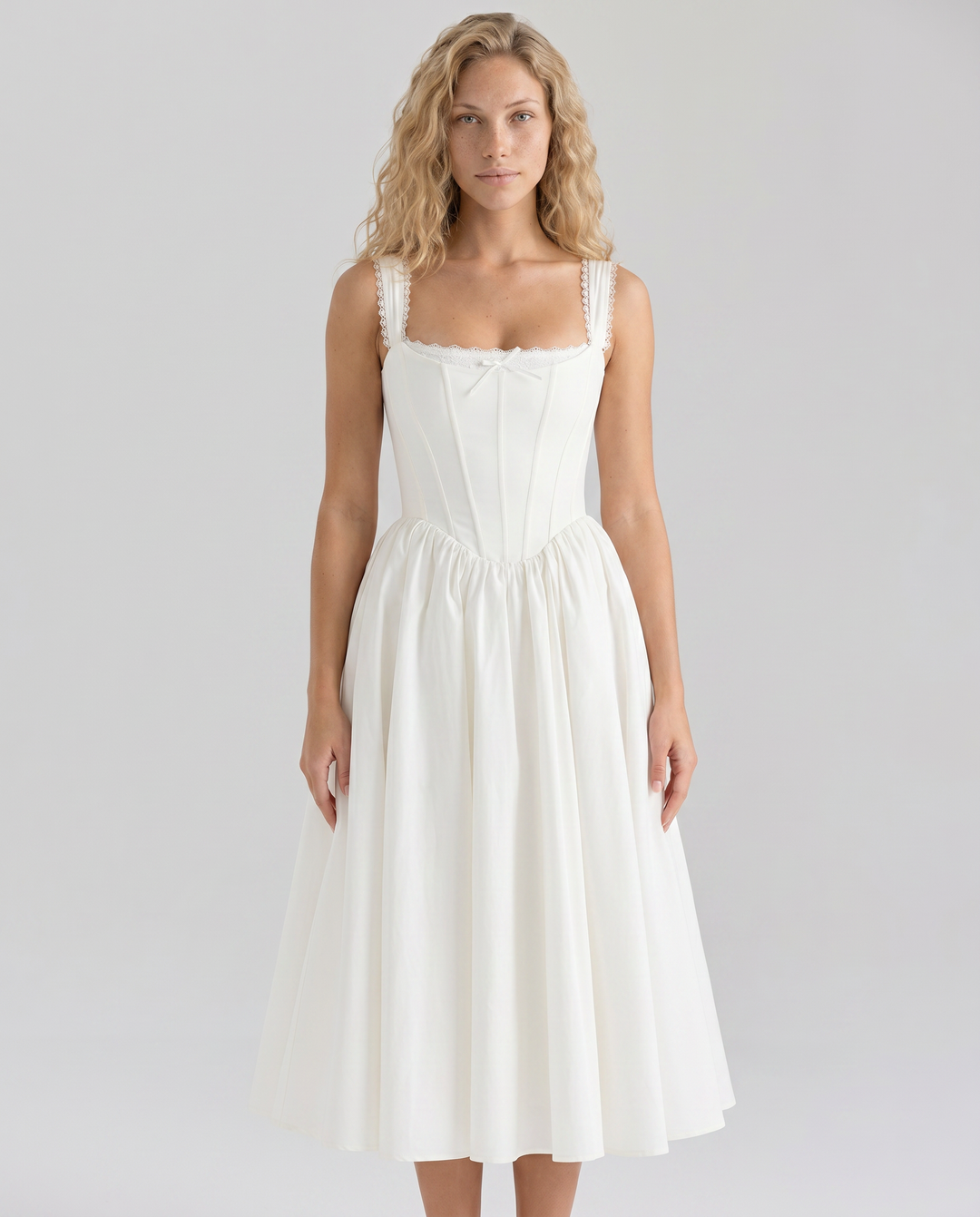 Allena | Midi Dress with Corset Bodice and Lace Trim
