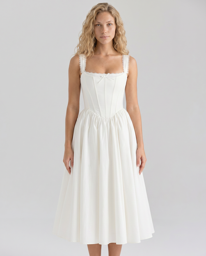 Allena | Midi Dress with Corset Bodice and Lace Trim