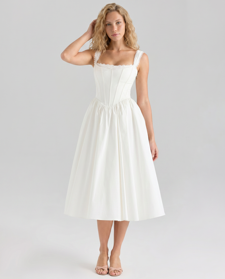 Allena | Midi Dress with Corset Bodice and Lace Trim