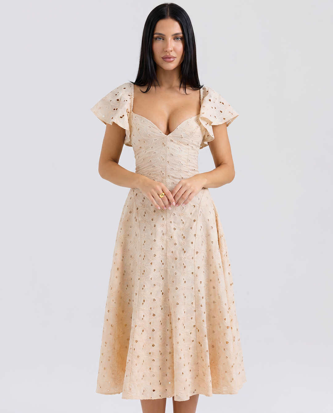 Austen | Floral Midi Dress with Broderie and Butterfly Sleeves